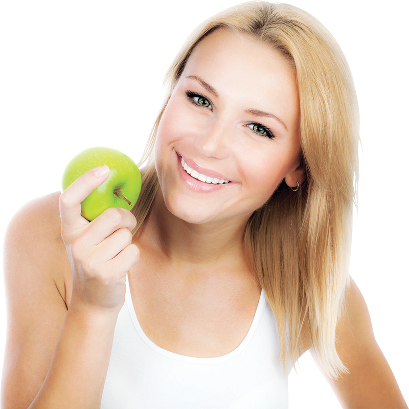 Blonde woman holding a green apple
